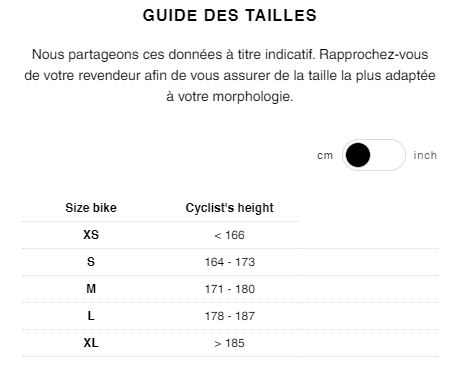 Guide des tailles Vlo Route LOOK 795 Blade RS Disc Chameleon