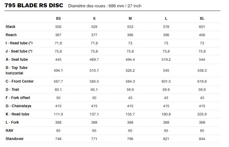 Table des tailles Vlo Route LOOK 795 Blade RS Proteam Ultegra Di2