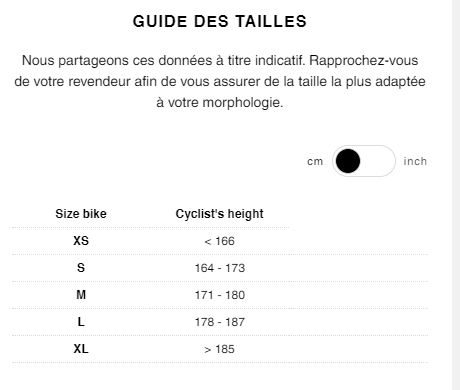 Guide des tailles Vlo Route lectrique LOOK E-765 Proteam Noir